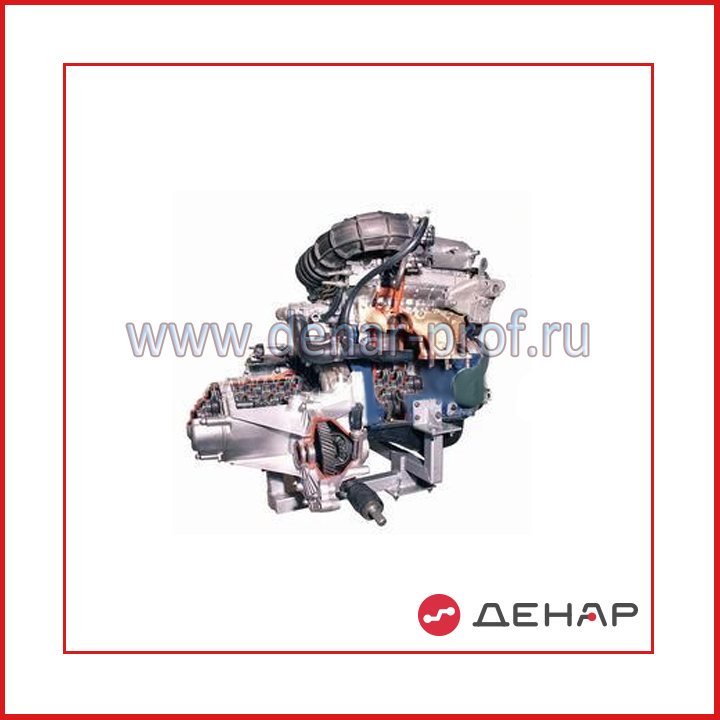 Двигатель переднеприводного автомобиля (DOHC, 16-кл.) в сборе со сцеплением и коробкой передач (агрегаты в разрезе)